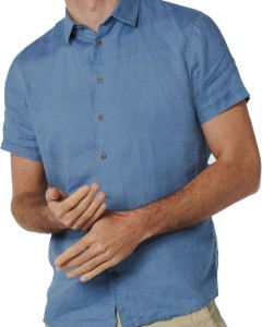 Shirt short sleeve linen solid washed blue